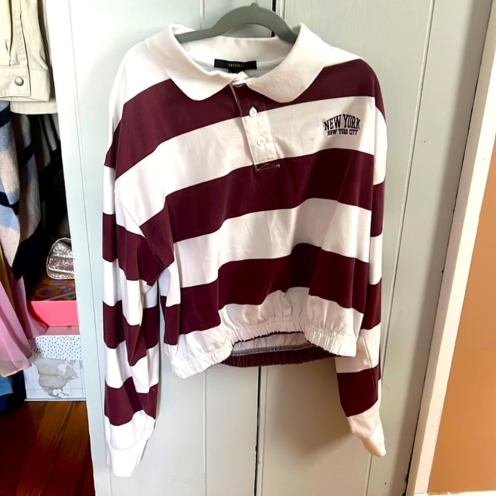 White And Maroon, Striped Long Sleeve Tee 🤍ᥫ᭡